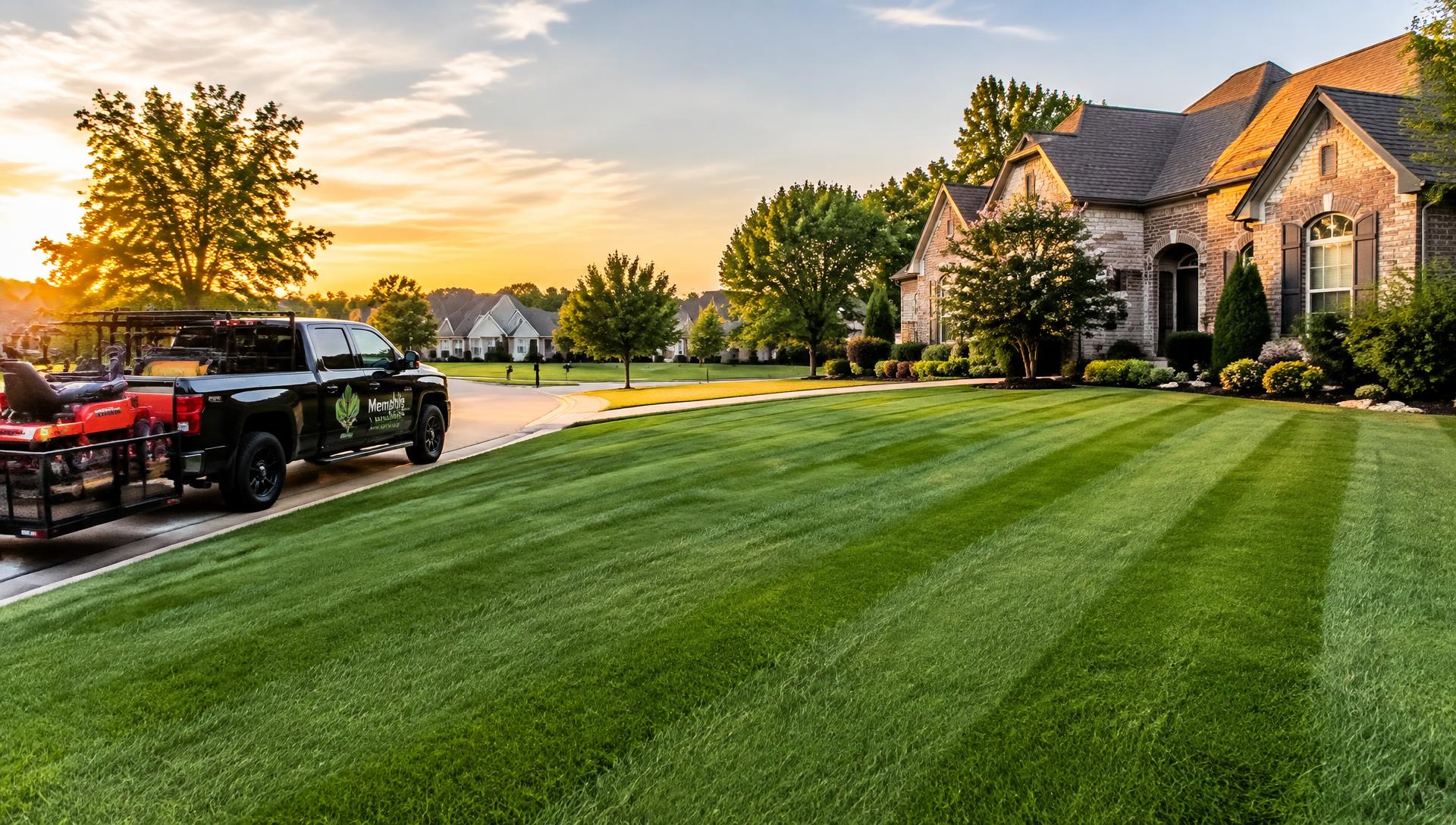 Professionally maintained Memphis lawn with Mowtivated Elite Landscaping truck